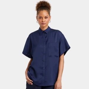 A New Day Short Sleeve Satin Button-down Shirt, Navy Blue, XL
